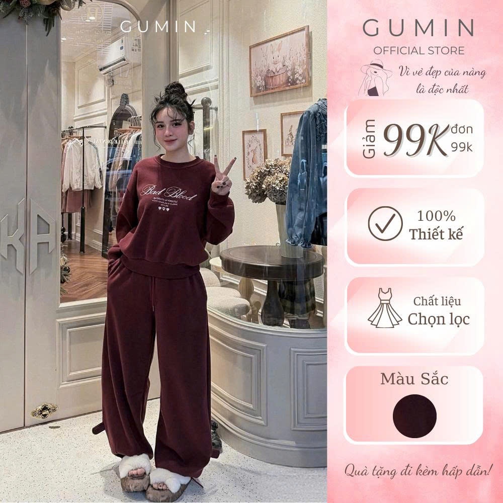 Set bộ đồ nỉ GUMIN thiết kế áo thụng ôm gấu họa tiết chữ kèm quần dáng bom sang trọng, Set đồ nữ thu đông cao cấp