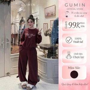 Set bộ đồ nỉ GUMIN thiết kế áo thụng ôm gấu họa tiết chữ kèm quần dáng bom sang trọng, Set đồ nữ thu đông cao cấp