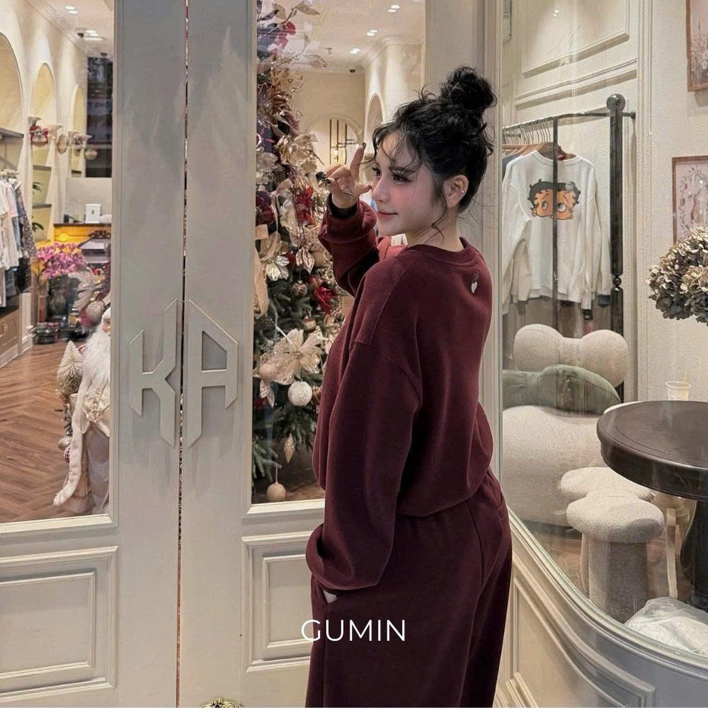 Set bộ đồ nỉ GUMIN thiết kế áo thụng ôm gấu họa tiết chữ kèm quần dáng bom sang trọng, Set đồ nữ thu đông cao cấp
