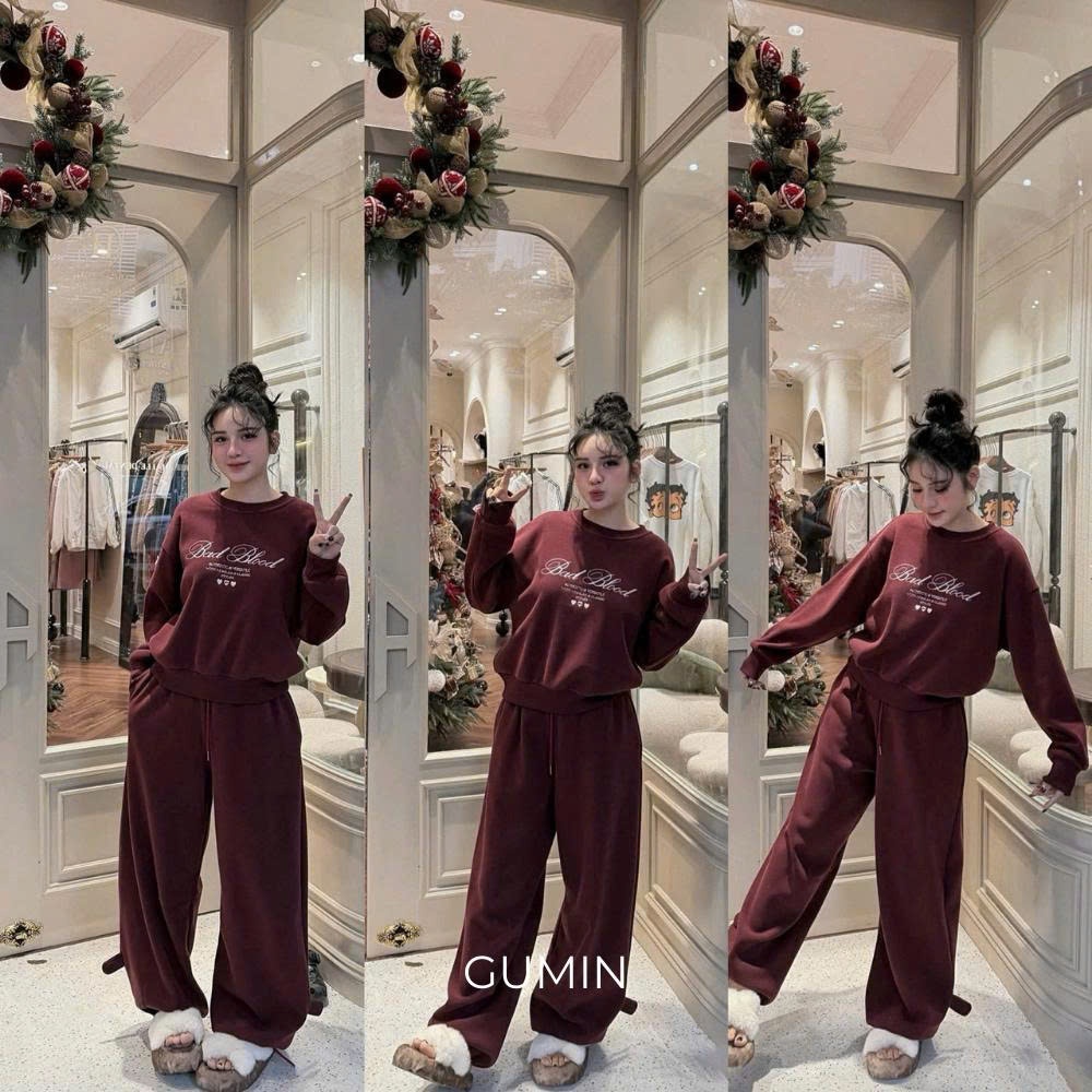Set bộ đồ nỉ GUMIN thiết kế áo thụng ôm gấu họa tiết chữ kèm quần dáng bom sang trọng, Set đồ nữ thu đông cao cấp