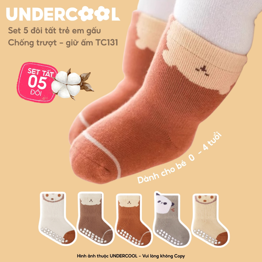 Set 5 Đôi Tất Sơ Sinh Chống Trượt UNDERCOOL vớ Cho Bé Trai Bé Trai - Gái 0-4 Tuổi Hình Gấu Giữ Ấm Cổ Ngắn, Live TC131