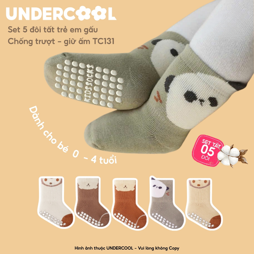 Set 5 Đôi Tất Sơ Sinh Chống Trượt UNDERCOOL vớ Cho Bé Trai Bé Trai - Gái 0-4 Tuổi Hình Gấu Giữ Ấm Cổ Ngắn, Live TC131