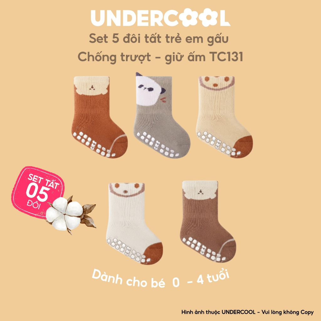 Set 5 Đôi Tất Sơ Sinh Chống Trượt UNDERCOOL vớ Cho Bé Trai Bé Trai - Gái 0-4 Tuổi Hình Gấu Giữ Ấm Cổ Ngắn, Live TC131
