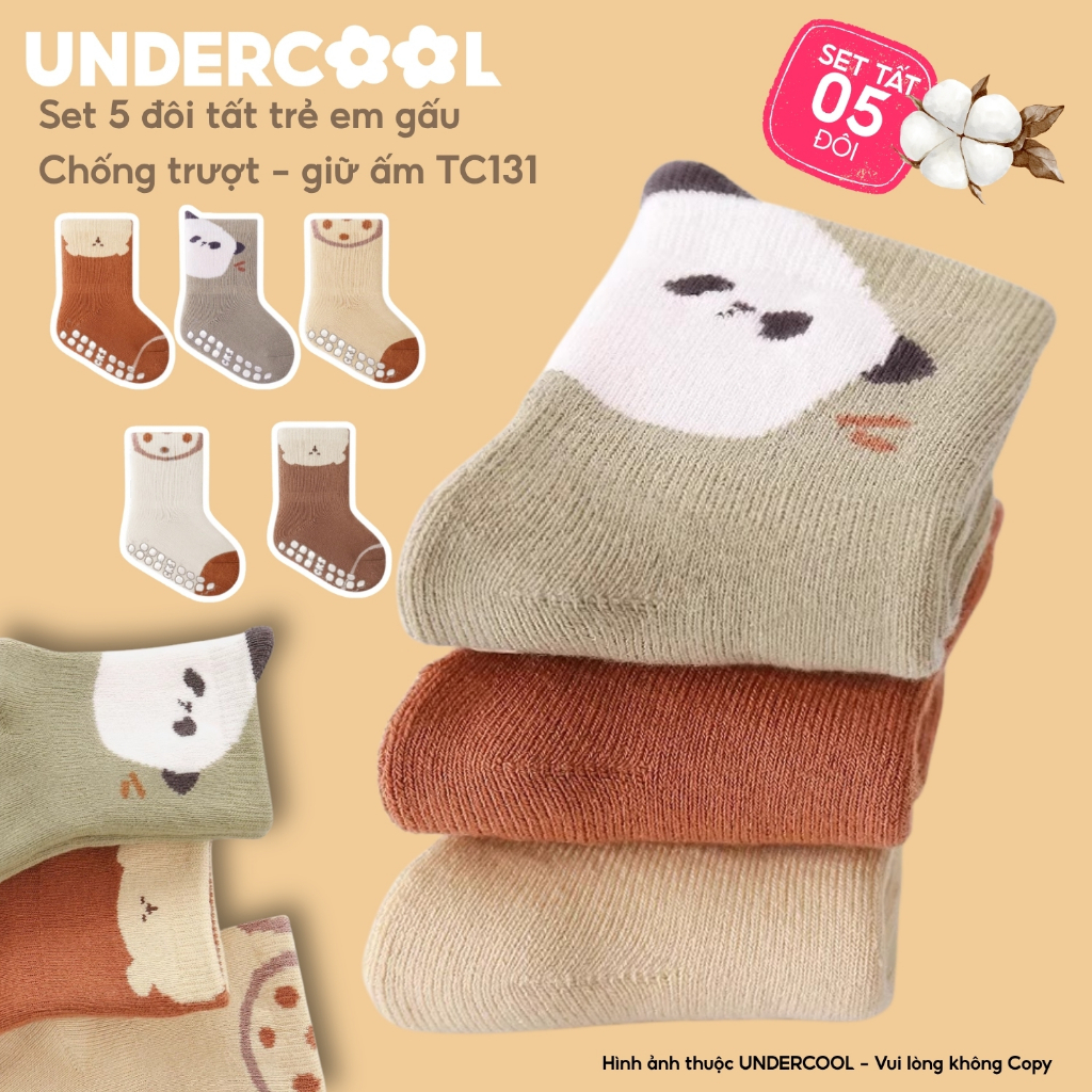 Set 5 Đôi Tất Sơ Sinh Chống Trượt UNDERCOOL vớ Cho Bé Trai Bé Trai - Gái 0-4 Tuổi Hình Gấu Giữ Ấm Cổ Ngắn, Live TC131