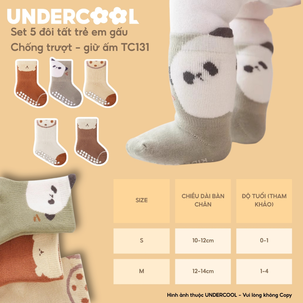 Set 5 Đôi Tất Sơ Sinh Chống Trượt UNDERCOOL vớ Cho Bé Trai Bé Trai - Gái 0-4 Tuổi Hình Gấu Giữ Ấm Cổ Ngắn, Live TC131