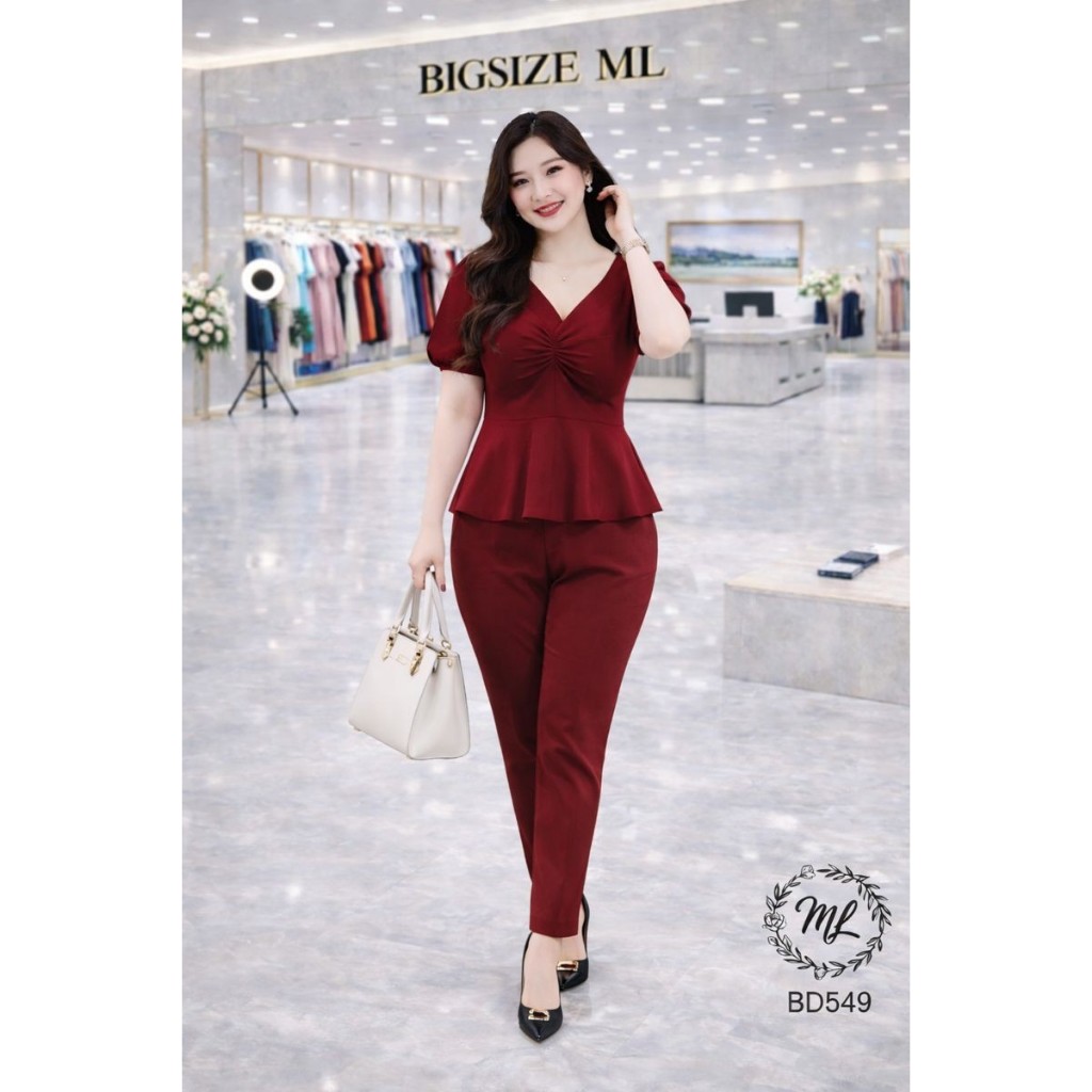 SÉT BD549 – SÉT BIGSIZE ÁO PEPLUM NHÚN NGỰC + QUẦN DÀI THANH LỊCH 55–90KG