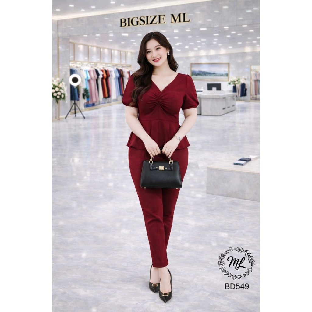 SÉT BD549 – SÉT BIGSIZE ÁO PEPLUM NHÚN NGỰC + QUẦN DÀI THANH LỊCH 55–90KG