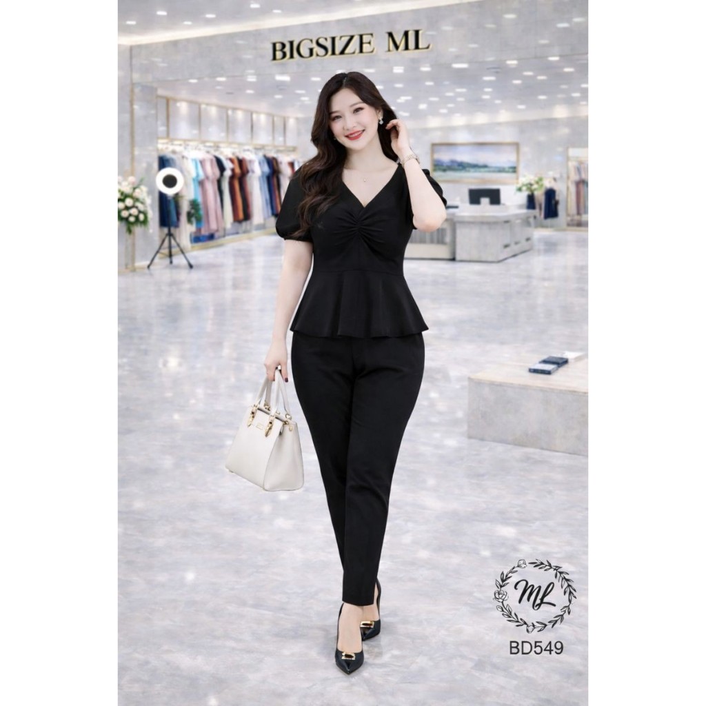 SÉT BD549 – SÉT BIGSIZE ÁO PEPLUM NHÚN NGỰC + QUẦN DÀI THANH LỊCH 55–90KG