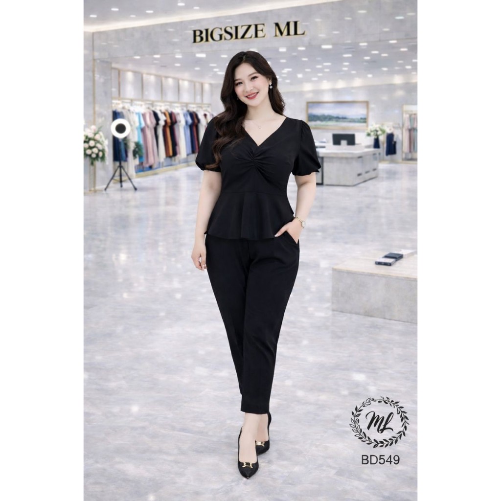 SÉT BD549 – SÉT BIGSIZE ÁO PEPLUM NHÚN NGỰC + QUẦN DÀI THANH LỊCH 55–90KG