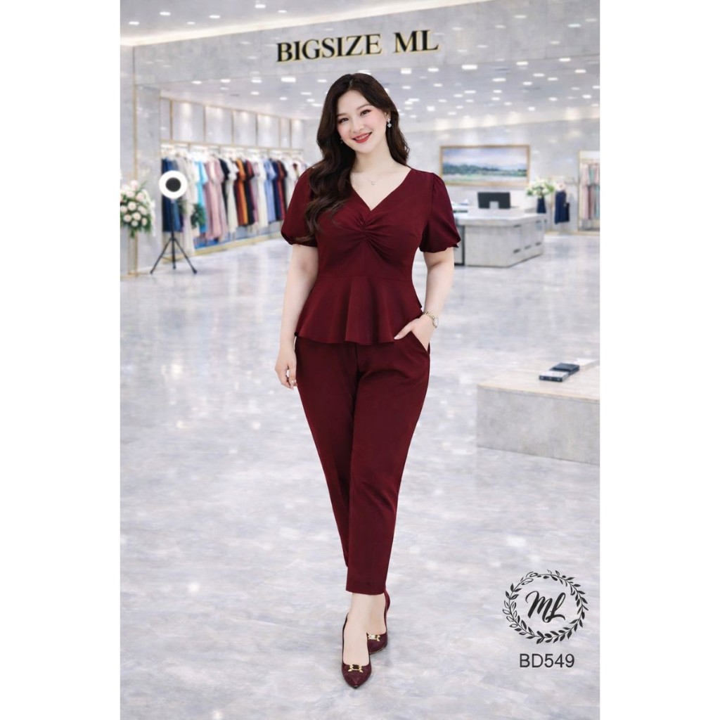 SÉT BD549 – SÉT BIGSIZE ÁO PEPLUM NHÚN NGỰC + QUẦN DÀI THANH LỊCH 55–90KG