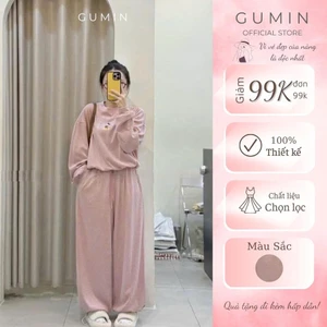 Set bộ đồ nỉ GUMIN thiết kế áo dáng rộng dài tay họa thiết thêu ngực kèm quần suông ống rộng có bo gấu, Set bộ nỉ dày dặ
