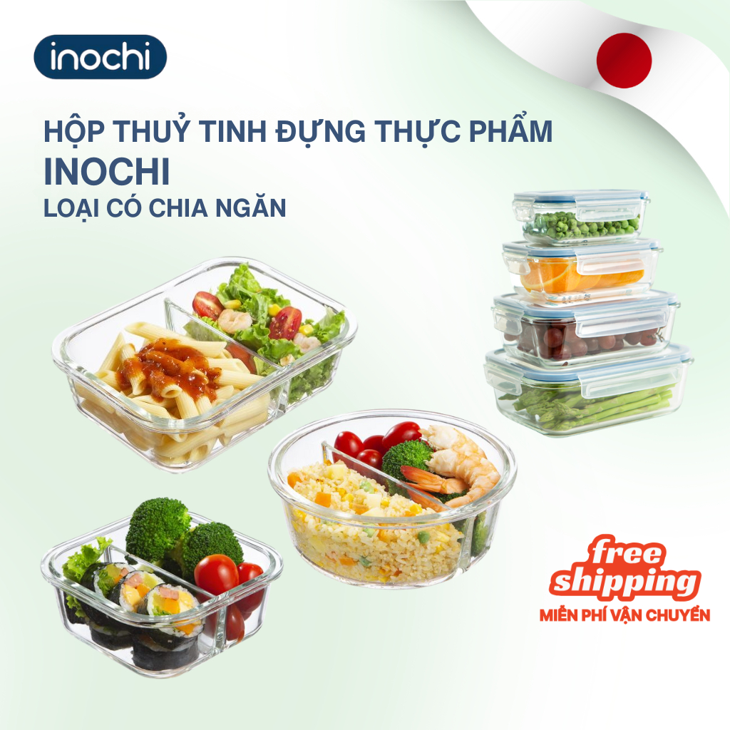 Hộp thủy tinh giữ nhiệt chia 2, 3 ngăn Nikko Inochi - giữ thực phẩm tươi, chịu nhiệt, không bám mùi