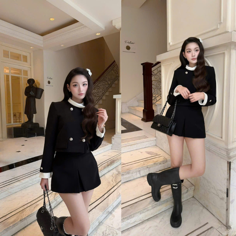 NH CLOTHER -Set dạ tweed đen phối viền trắng cao cấp thiết kế cổ tròn thanh lịch kèm chân váy ngắn tiểu thư