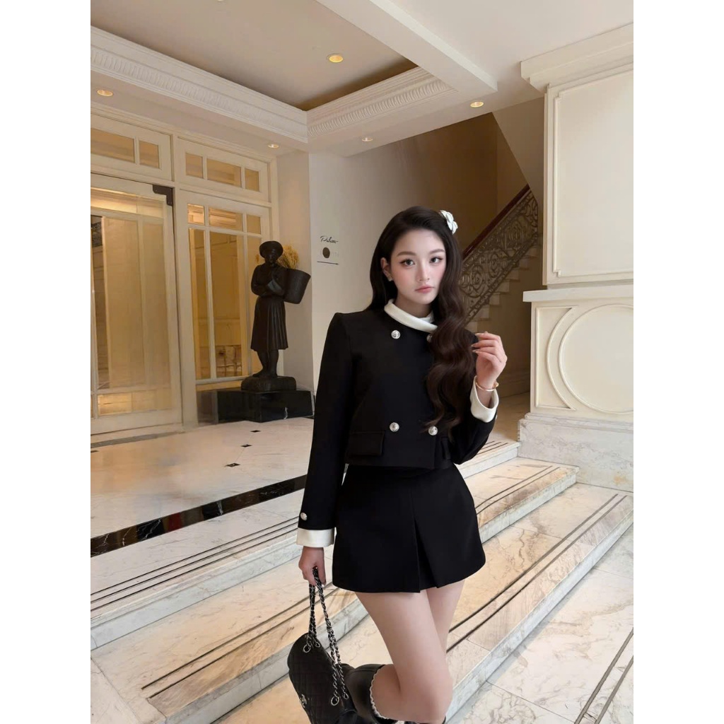 NH CLOTHER -Set dạ tweed đen phối viền trắng cao cấp thiết kế cổ tròn thanh lịch kèm chân váy ngắn tiểu thư