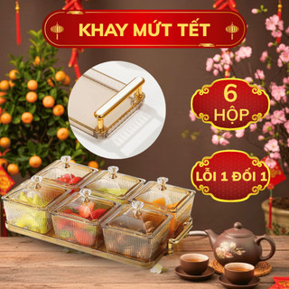 Khay đựng mứt 6 ô màu hổ phách cao cấp, hộp bánh kẹo Tết mới 2026 có nắp đậy chống bụi mẫu mới nhất