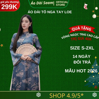 Áo dài Tố nga màu xanh đen , đỏ, kèm quần quà tặng vòng ngọc trai dáng dài tay loe sang trọng tết 2026