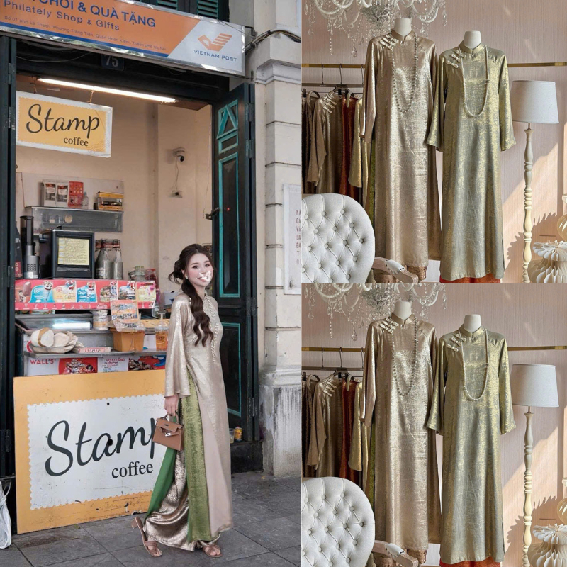 NH CLOTHER -Áo dài cách tân nữ chất lụa ánh kim sang trọng thiết kế cổ tàu đính nơ tàu phong cách quý tộc