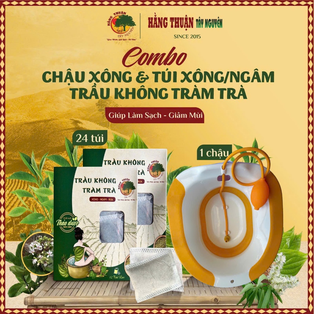 Combo Xông Ngâm Rửa Phụ Khoa Gồm Chậu Xông - Dung Dịch Vệ Sinh - Khoáng Trầu - Trầu Không Túi Lọc