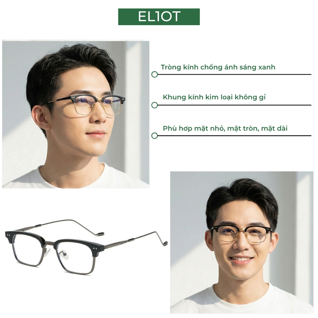 Gọng kính ELIOT EYEWEAR mắt kính nửa viền Clubmaster thời trang tròng kính chống ánh sáng xanh EL52010
