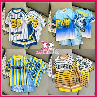 Đồ bộ mặc nhà quần đùi bé trai cổ tim bo dệt chất thun lạnh áo ngắn tay họa tiết thể thao xịn xò