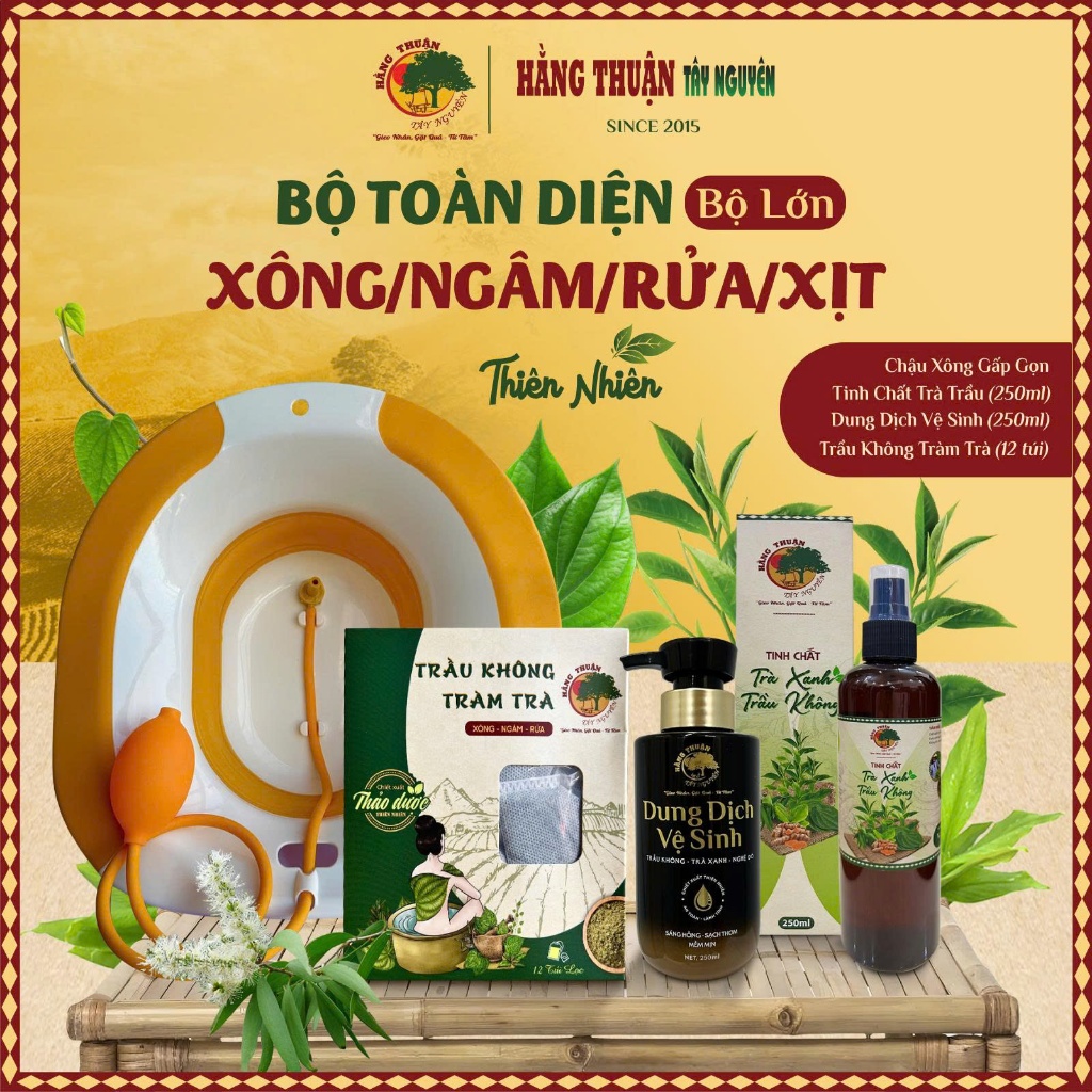 Combo Xông Ngâm Rửa Phụ Khoa Gồm Chậu Xông - Dung Dịch Vệ Sinh - Khoáng Trầu - Trầu Không Túi Lọc