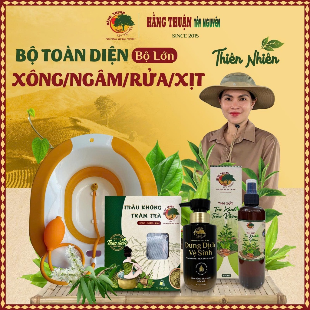 Combo Xông Ngâm Rửa Phụ Khoa Gồm Chậu Xông - Dung Dịch Vệ Sinh - Khoáng Trầu - Trầu Không Túi Lọc