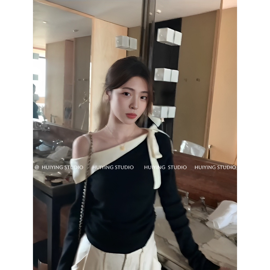 Áo len nữ lệch vai màu đen, phong cách Pháp, ôm dáng, thu đông