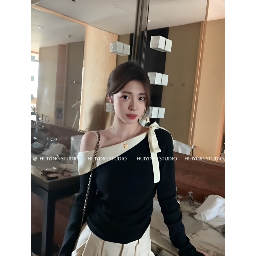 Áo len nữ lệch vai màu đen, phong cách Pháp, ôm dáng, thu đông
