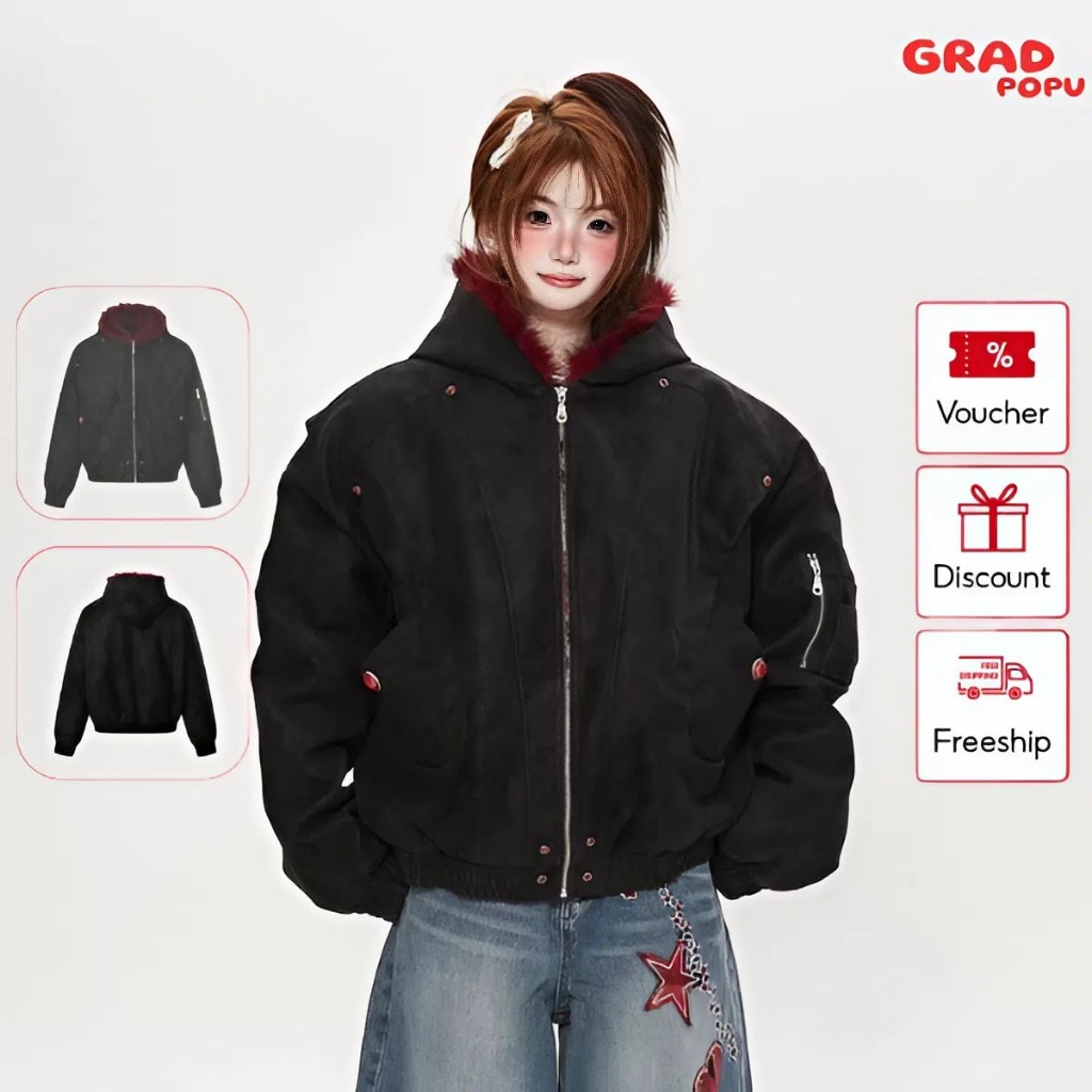 Áo khoác nữ GRADPOPU dáng rộng lót lông màu đỏ dày dặn ấm áp mùa đông chất liệu cotton AK514