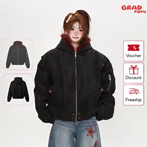 Áo khoác nữ GRADPOPU dáng rộng lót lông màu đỏ dày dặn ấm áp mùa đông chất liệu cotton AK514