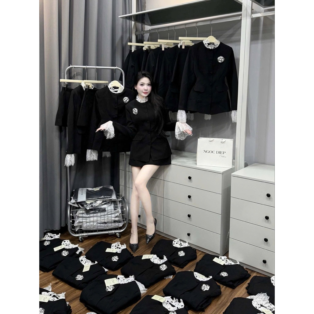 Sét vest chân váy dáng A phối ren   Basic mặc đi chơi đi tiệc xinh   SM