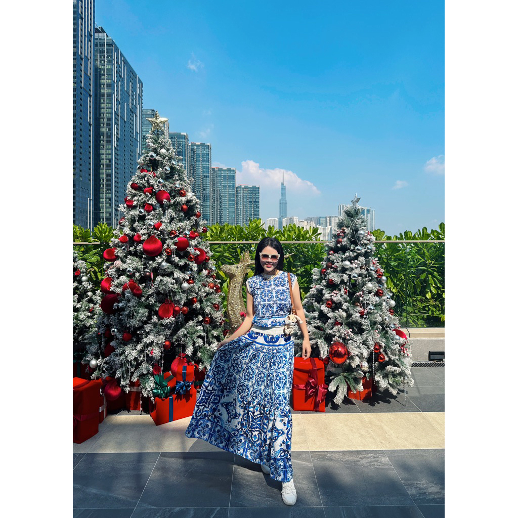 set áo cột eo và váy maxi quần xanh dương 💙