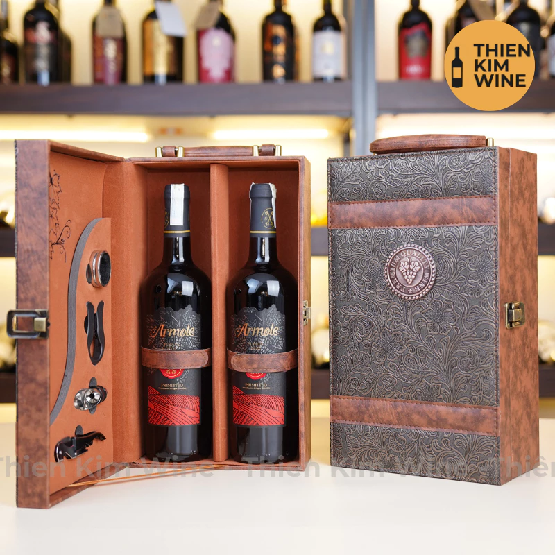 Set 2 Chai Rượu Vang - Hộp Da Nâu Đẳng Cấp