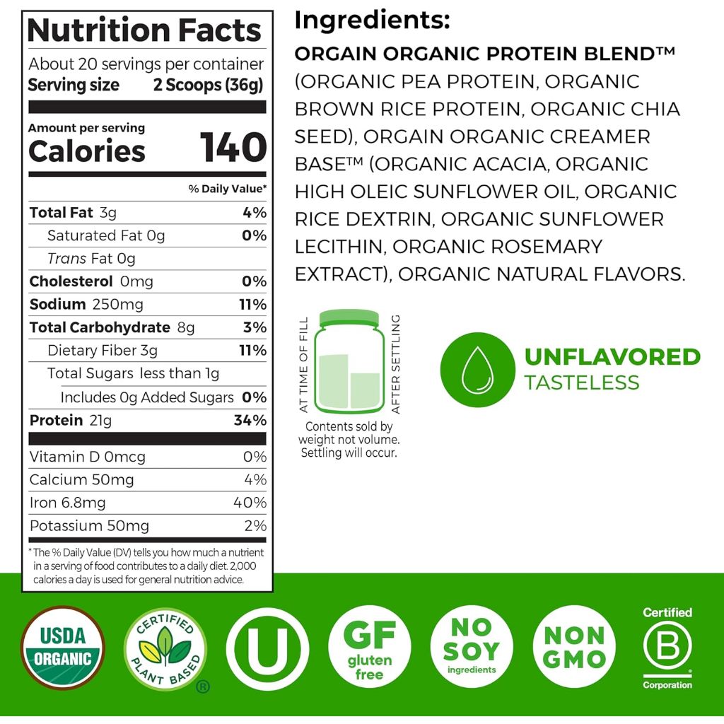 Bột protein không ngọt - đạm thực vật hữu cơ Orgain Organic Protein 720g