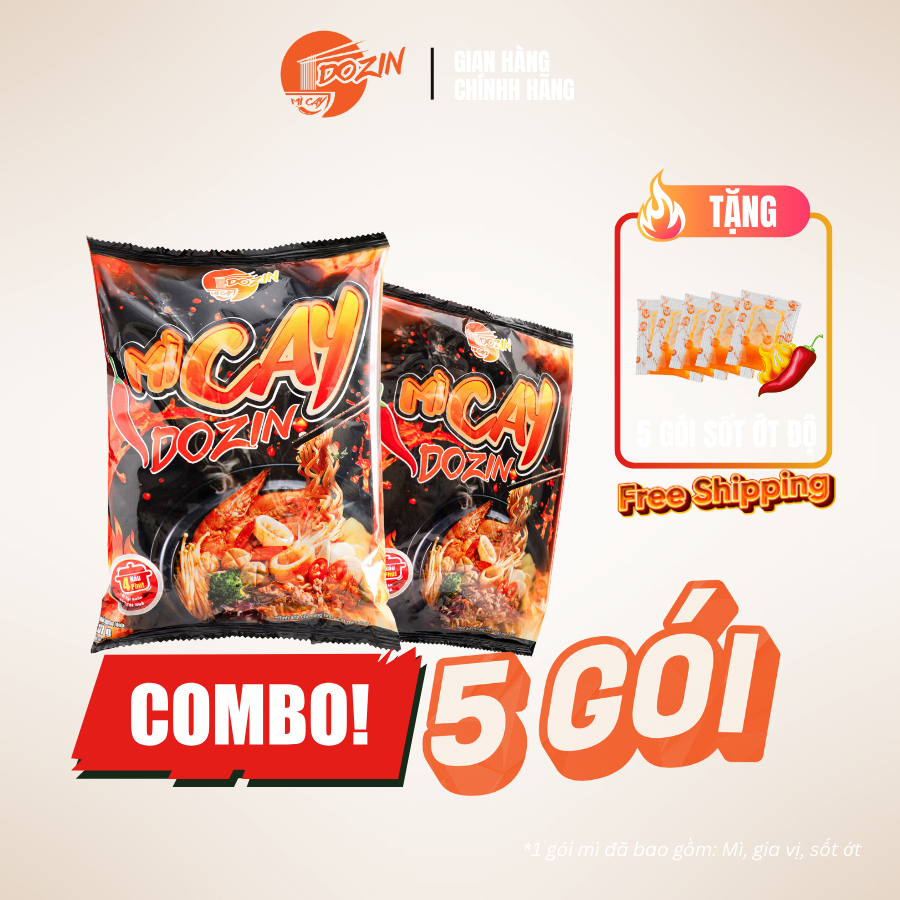 Combo 5 Gói Mì Cay DOZIN Siêu Hot - Sợi Mì Dai Ngon Chuẩn Vị - Thử Thách Vị Giác Cực Đã