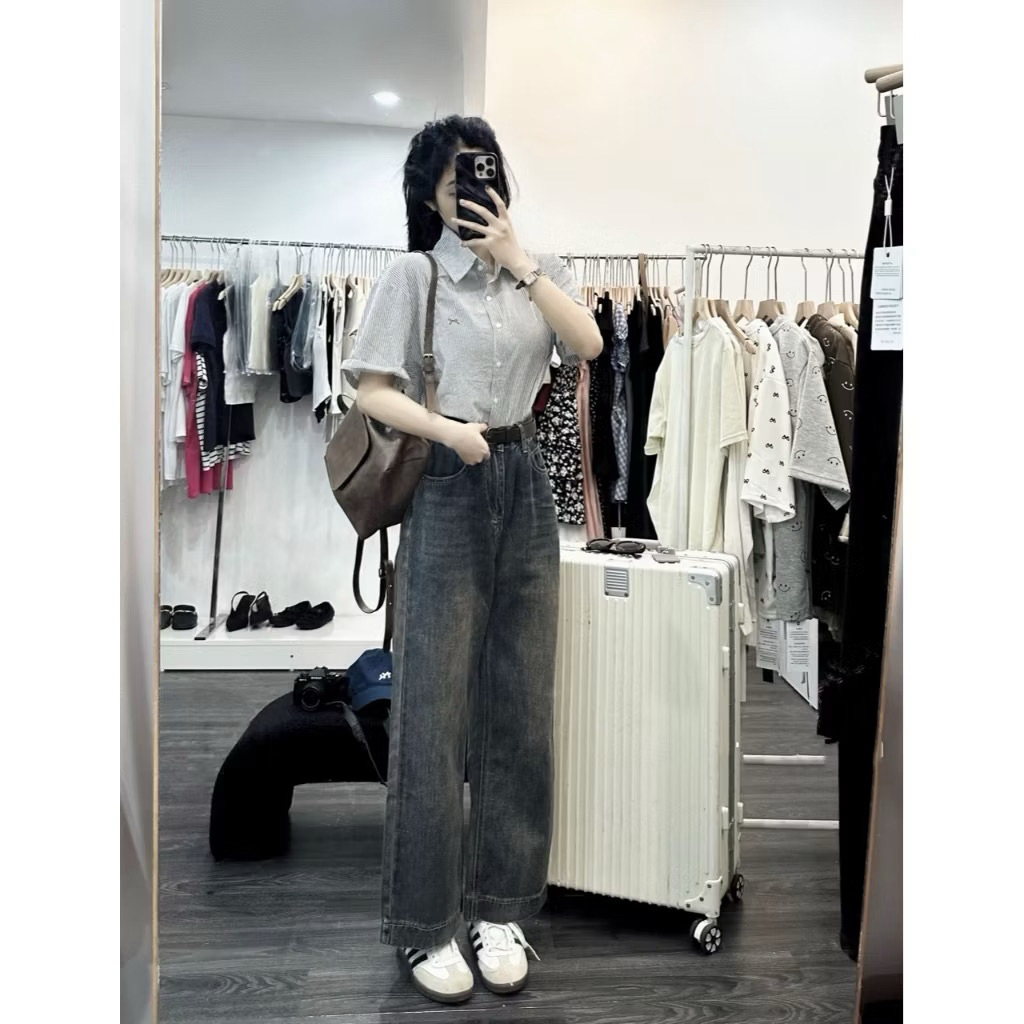 Quần bò jeans nữ dáng suông dài 98cm cạp cao #3837