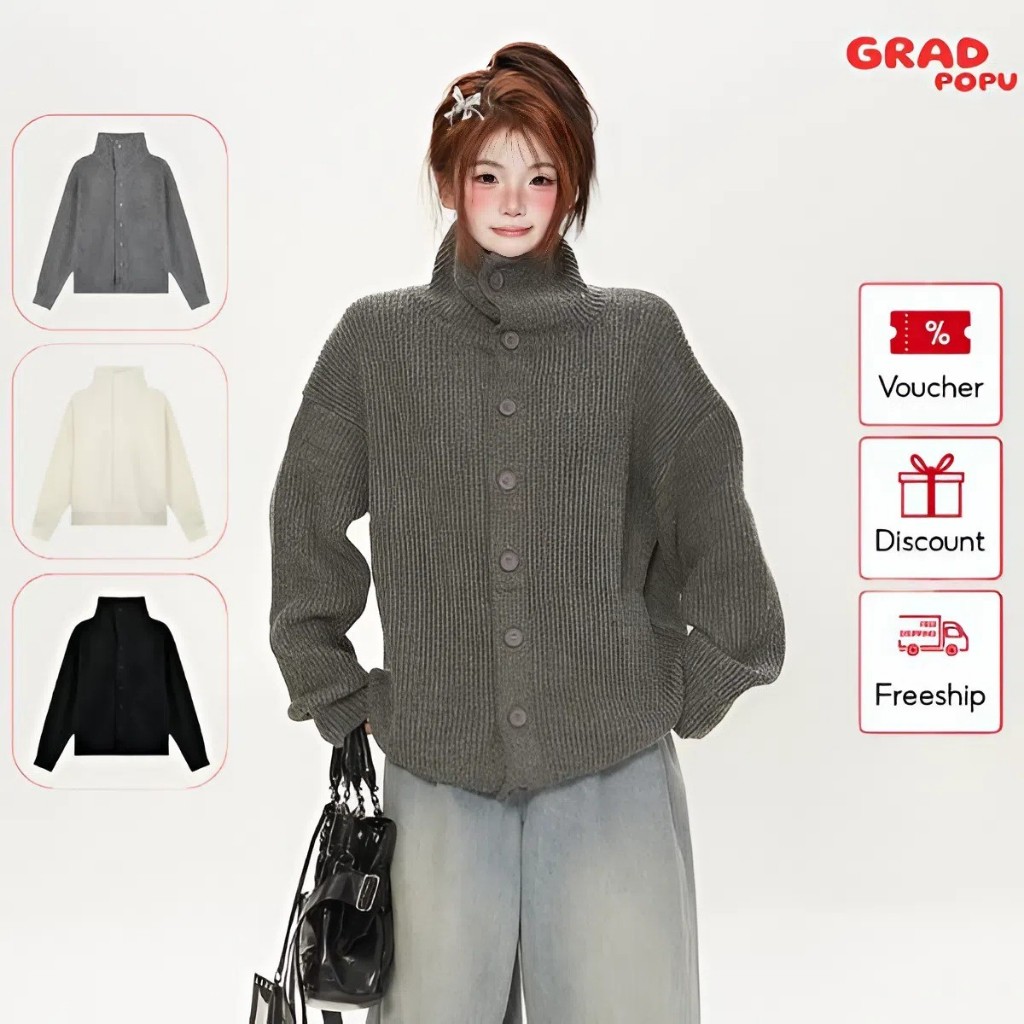 Áo khoác nữ GRADPOPU dệt kim cổ cao kiểu retro Mỹ, thiết kế rộng rãi thoải mái hợp thời trang AK347