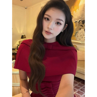 Set Váy Đầm 2s Đỏ Phối Bản Dây Nơ Kèm Áo Choàng Chouchou, Váy Đầm Tiểu Thư Choàng Cổ Tròn Dáng Ngắn