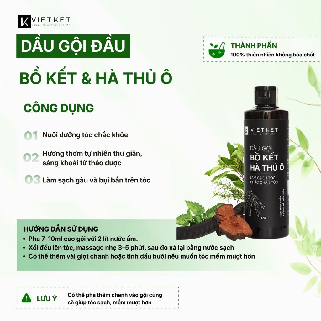 Dầu Gội Bồ Kết Hà Thủ Ô - KHÔNG BỌT VIETKET 250ml - Giảm Gàu, Giảm Nấm, Giảm Ngứa, Hỗ Trợ Mọc Tóc, Dưỡng Mềm Tóc