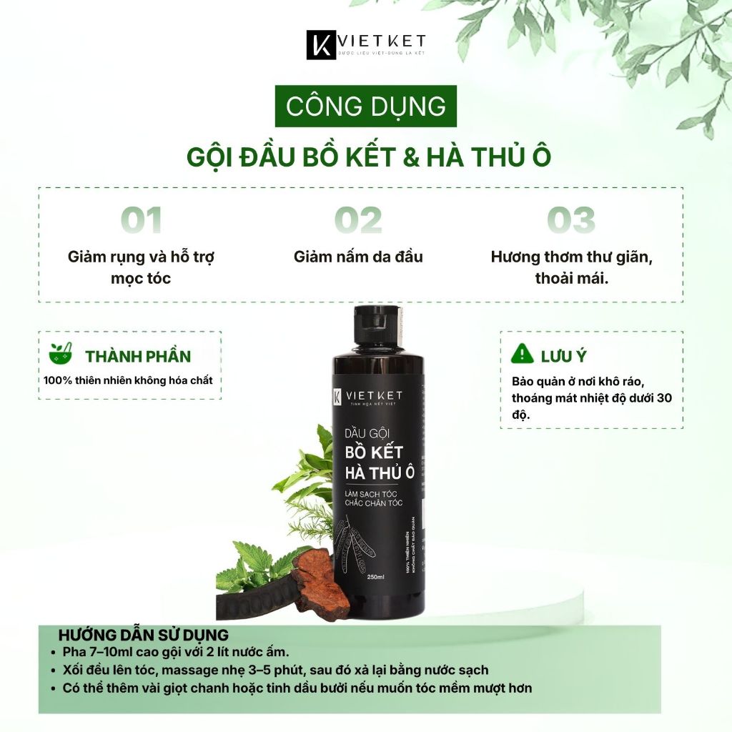 Dầu Gội Bồ Kết Hà Thủ Ô - KHÔNG BỌT VIETKET 250ml - Giảm Gàu, Giảm Nấm, Giảm Ngứa, Hỗ Trợ Mọc Tóc, Dưỡng Mềm Tóc