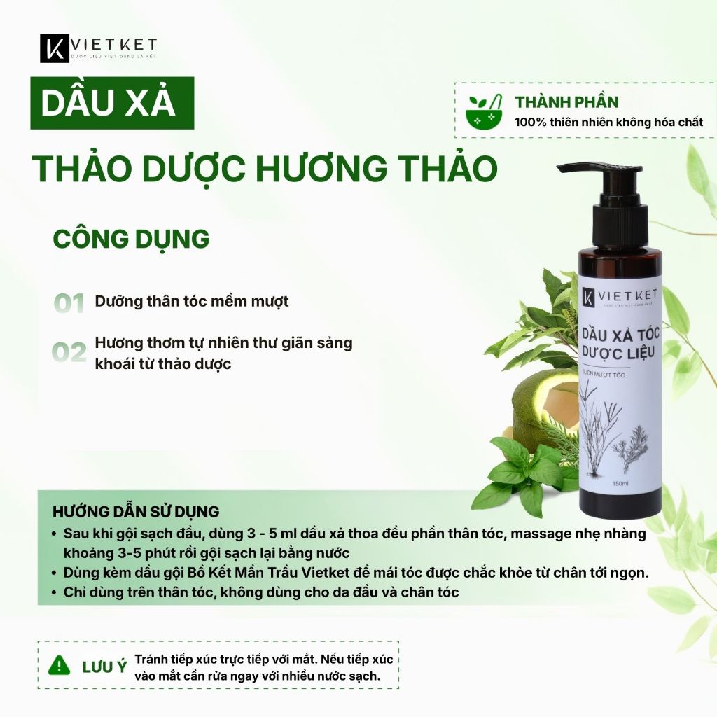 Dầu Xả Tóc Thảo Dược Hương Thảo VIETKET 250ml - Dưỡng Tóc Suôn Mượt, Cung Cấp Độ Ẩm, Giảm Hư Tổn Chẻ Ngọn