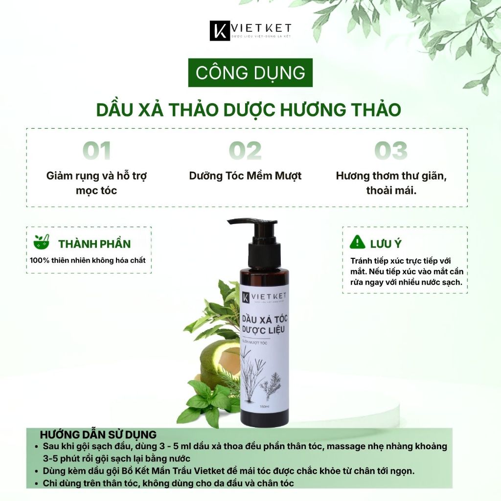 Dầu Xả Tóc Thảo Dược Hương Thảo VIETKET 250ml - Dưỡng Tóc Suôn Mượt, Cung Cấp Độ Ẩm, Giảm Hư Tổn Chẻ Ngọn