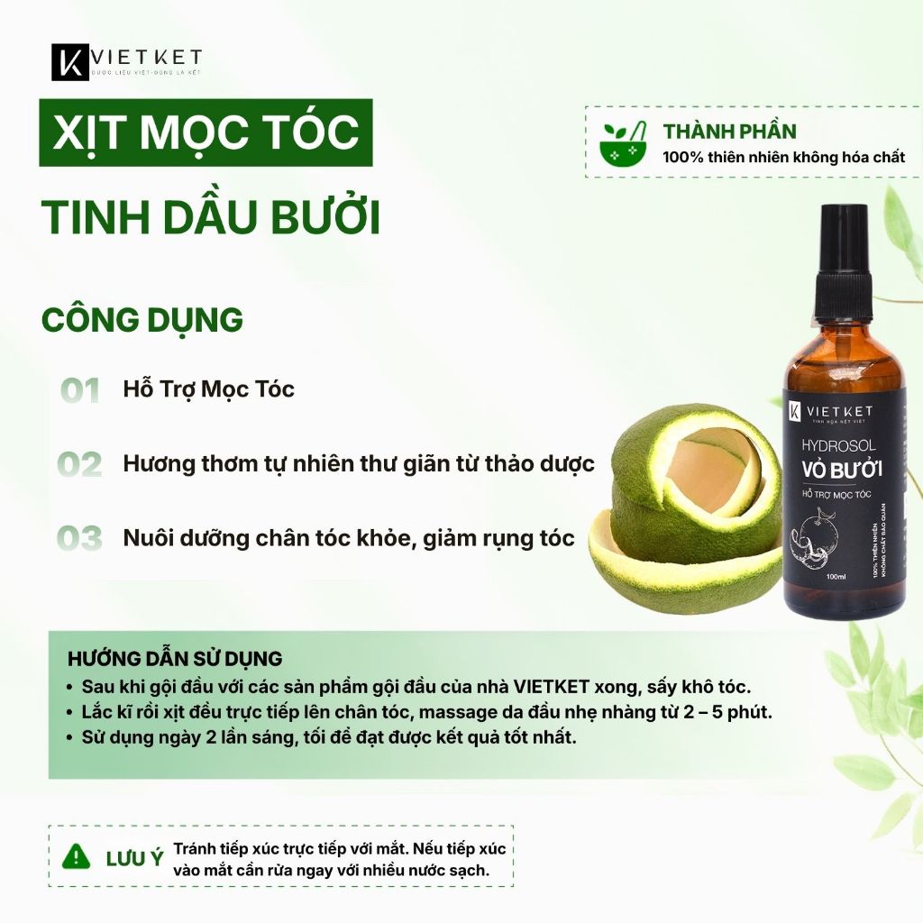Xịt Hỗ Trợ Mọc Tóc Tinh Dầu Vỏ Bưởi VIETKET 100ml - Hỗ Trợ Mọc Tóc, Giảm Rụng Tóc, Nuôi Dưỡng Chân Tóc, Nguyên Chất