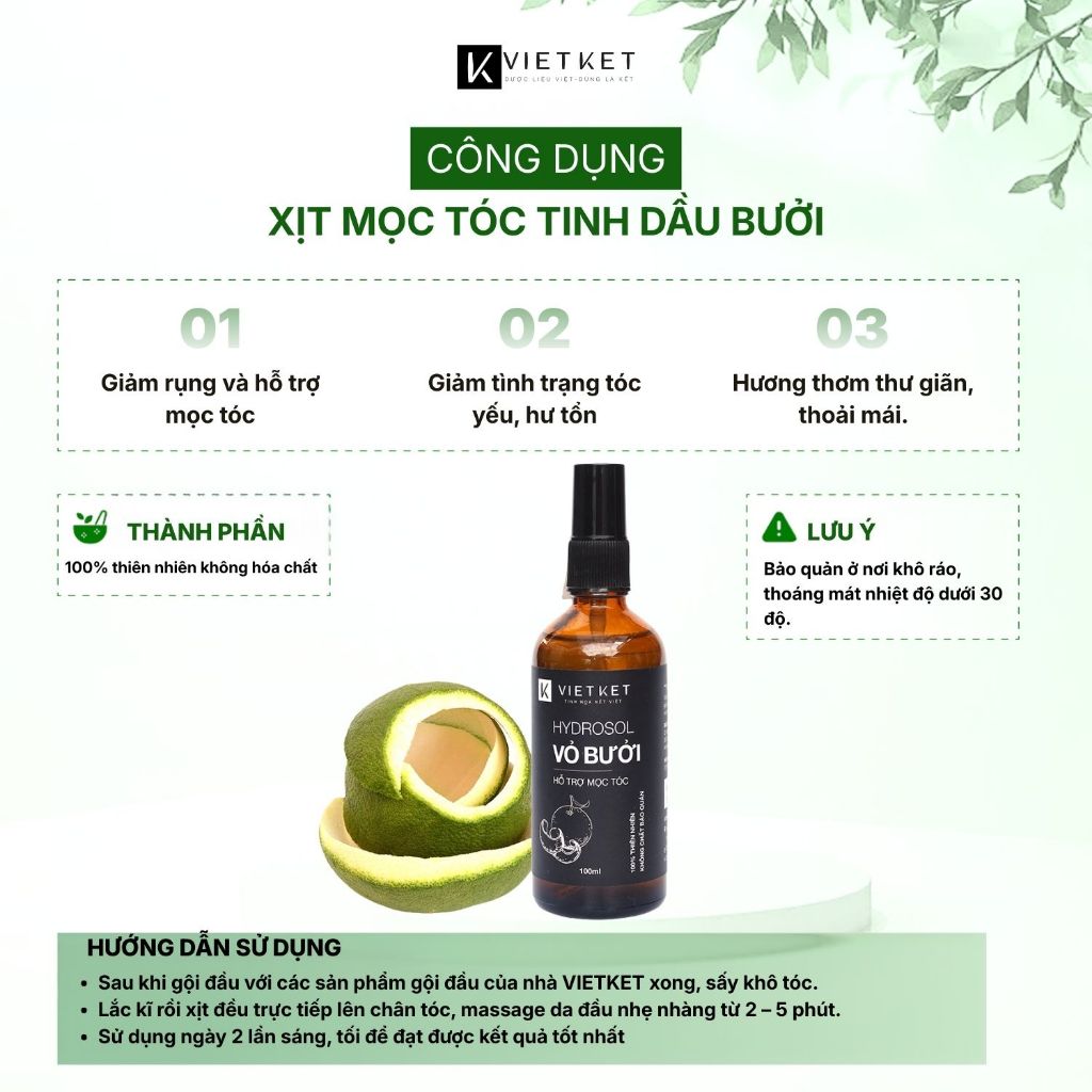 Xịt Hỗ Trợ Mọc Tóc Tinh Dầu Vỏ Bưởi VIETKET 100ml - Hỗ Trợ Mọc Tóc, Giảm Rụng Tóc, Nuôi Dưỡng Chân Tóc, Nguyên Chất