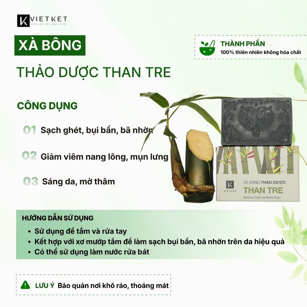 Xà Bông Tắm Dầu Dừa, Mù U, Than tre VIETKET 100g - Sạch Ghét, Giảm Mụn Lưng, Sáng Da, Duy Trì Độ Ẩm, Không Nhờn Rít