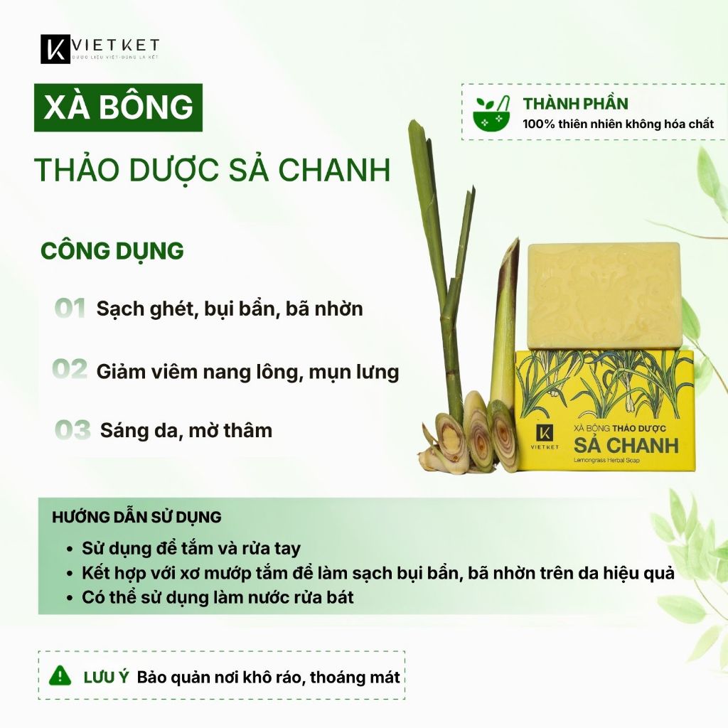 Xà Bông Tắm Dầu Dừa, Mù U, Sả Chanh VIETKET 100g - Giúp Sạch Ghét, Sáng Da, Giảm Mụn, Mờ Thâm, Dưỡng Ẩm, Không Nhờn Rít