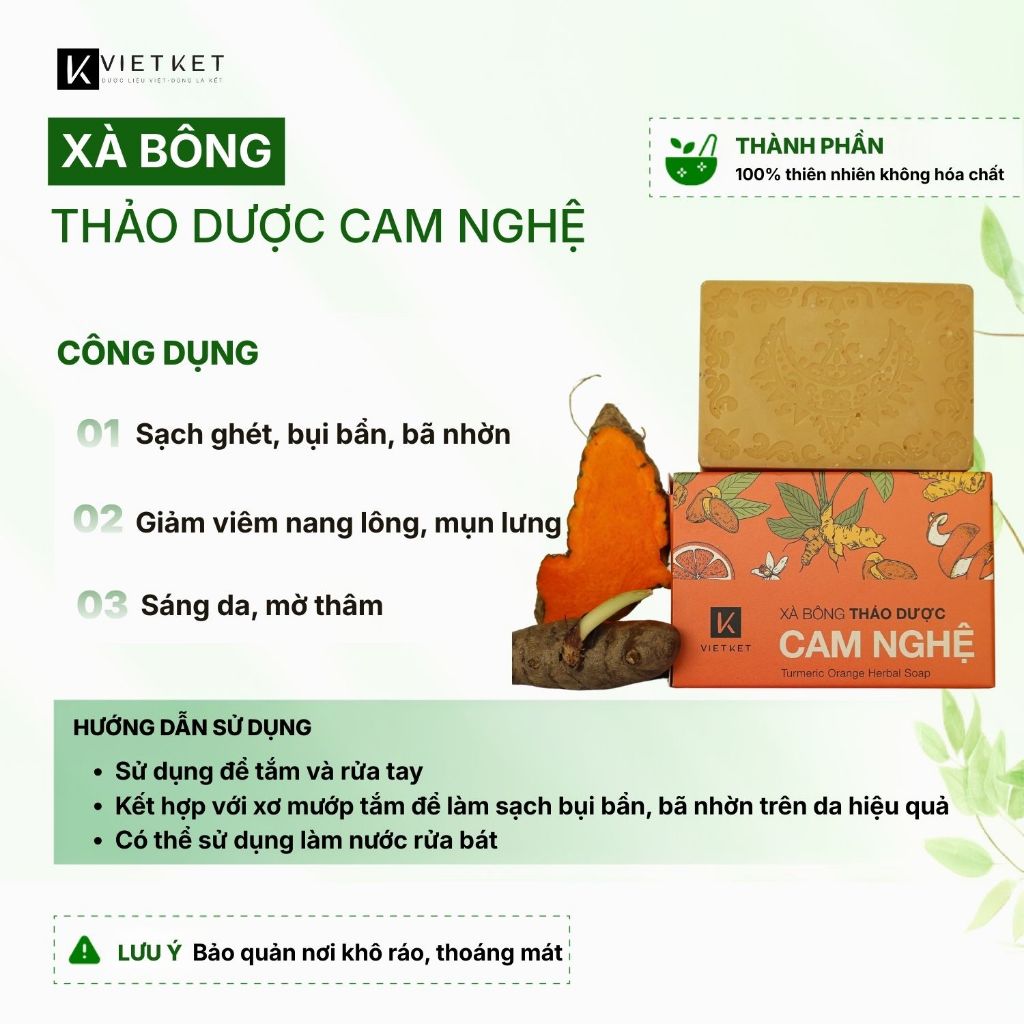 Xà Bông Tắm Dầu Dừa, Mù U, Cam Nghệ VIETKET 100g - Sạch Ghét, Giảm Mụn, Sáng Da, Duy Trì Độ Ẩm, Không Nhờn Rít
