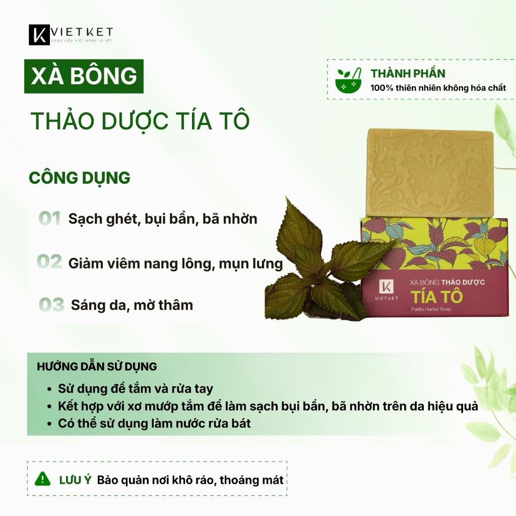 Xà Bông Tắm Dầu Dừa, Mù U, Tía Tô VIETKET 100g - Sạch Ghét, Sáng Da, Giảm Mụn, Mờ Thâm, Dưỡng Ẩm, Không Nhờn Rít