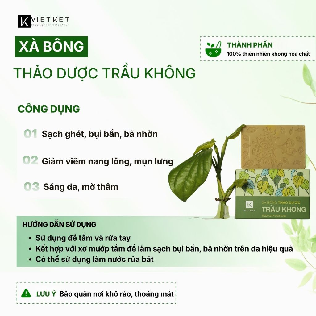 Xà Bông Tắm Thảo Dược Trầu Không VIETKET 100g Làm Sạch, Giảm Mụn Lưng, Sáng Da, Duy Trì Độ Ẩm