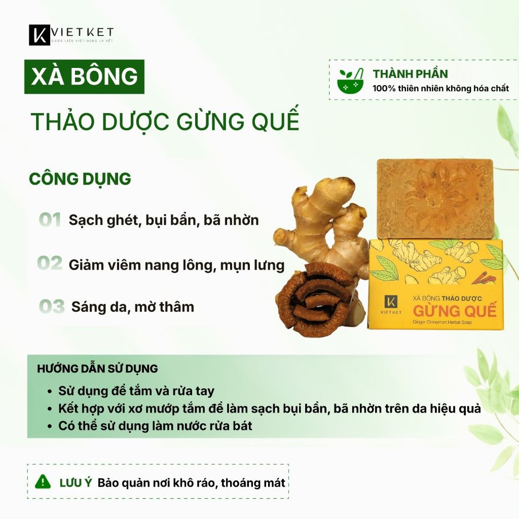 Xà Bông Tắm Dầu Dừa, Mù u, Gừng Quế VIETKET 100g - Sạch Ghét, Giảm Mụn, Sáng Da, Duy Trì Độ Ẩm, Không Nhờn Rít